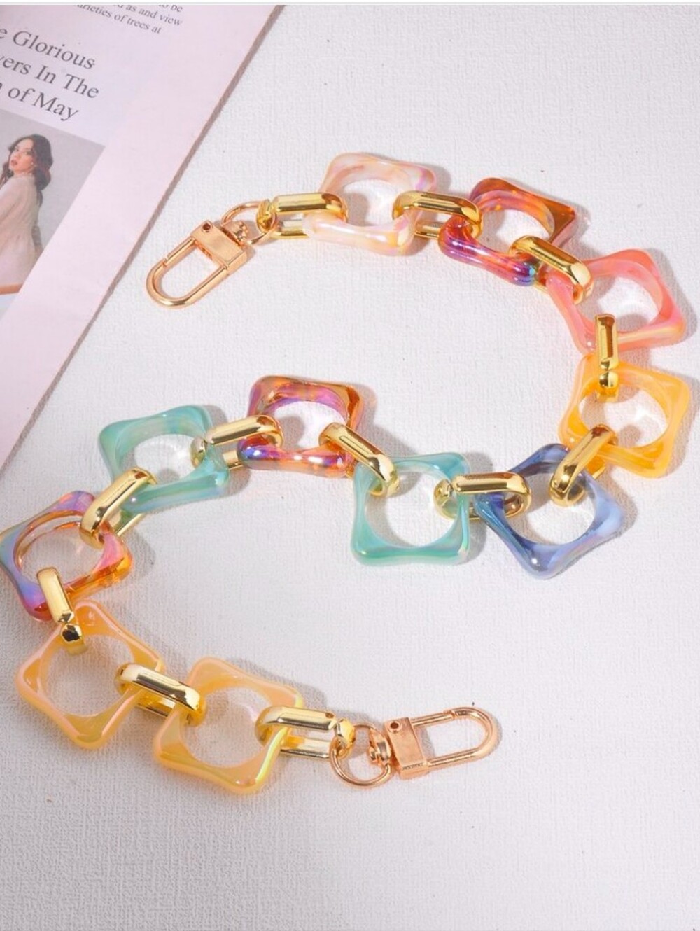 Acrylic Bag Strap/Extender Multicolor Geometric Link W/Gold Accents NWOT